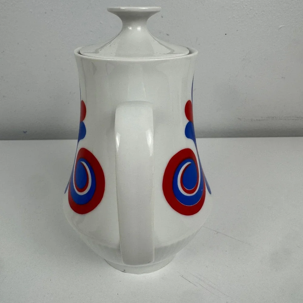 Vintage Colditz Porcelain Coffee Pot GDR East Germany Red Blue MCM‎ Ceramic Lid